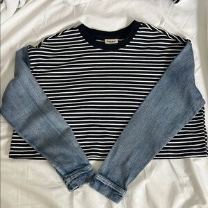 Striped Long Sleeve Shirt with Denim Sleeves